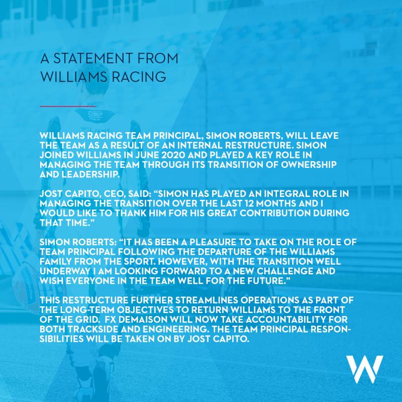  - F1 : départ de Roberts, Williams continue sa restructuration 1